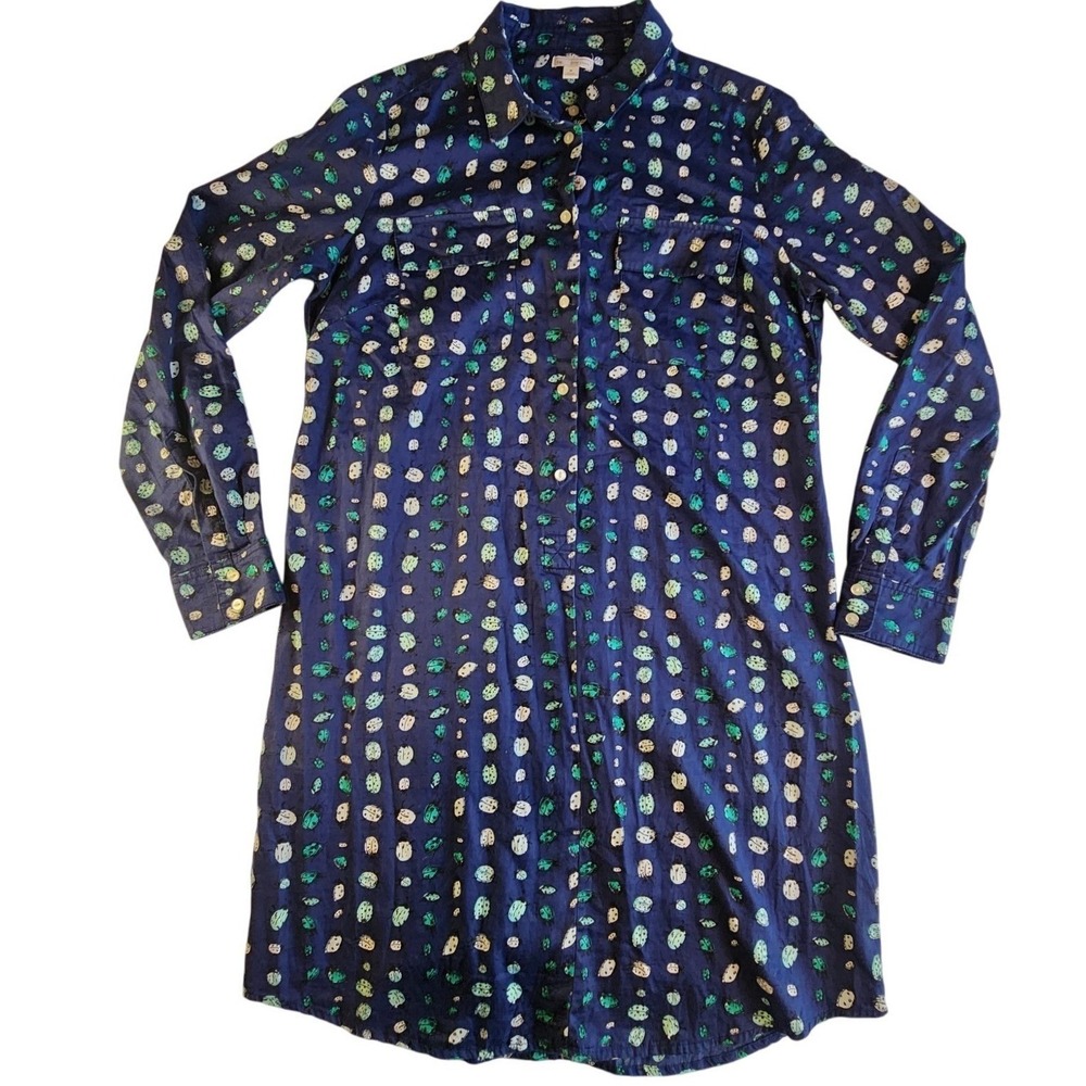 GAP Ladybug Shirt Dress Womens Size M Navy Cotton Button Up Long Roll Tab Sleeve